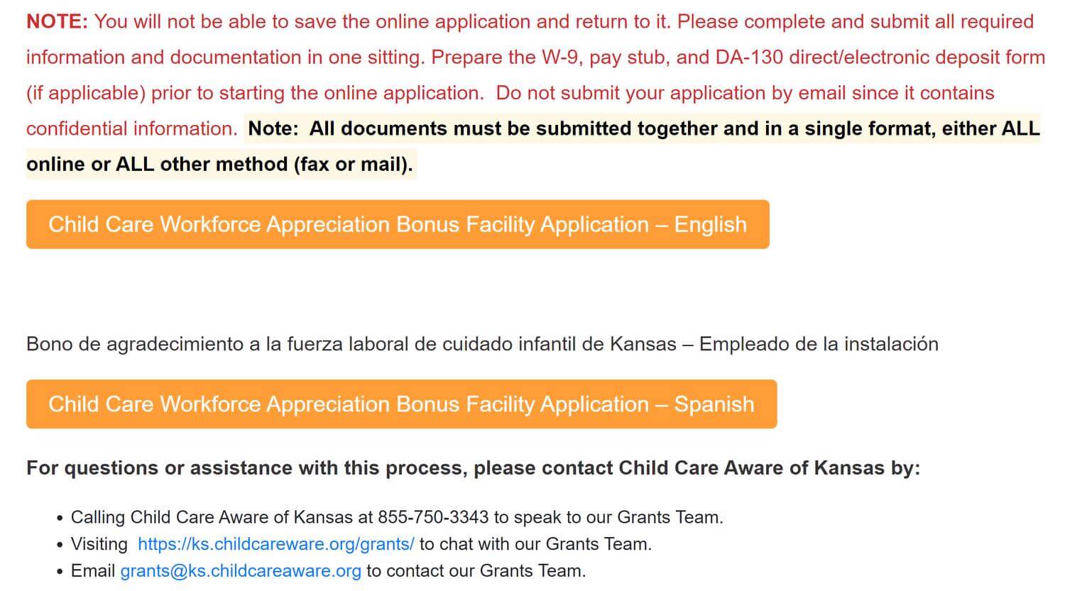 Image displaying the application links on the Child Care Aware of Kansas website, https://ks.childcareaware.org/grants/